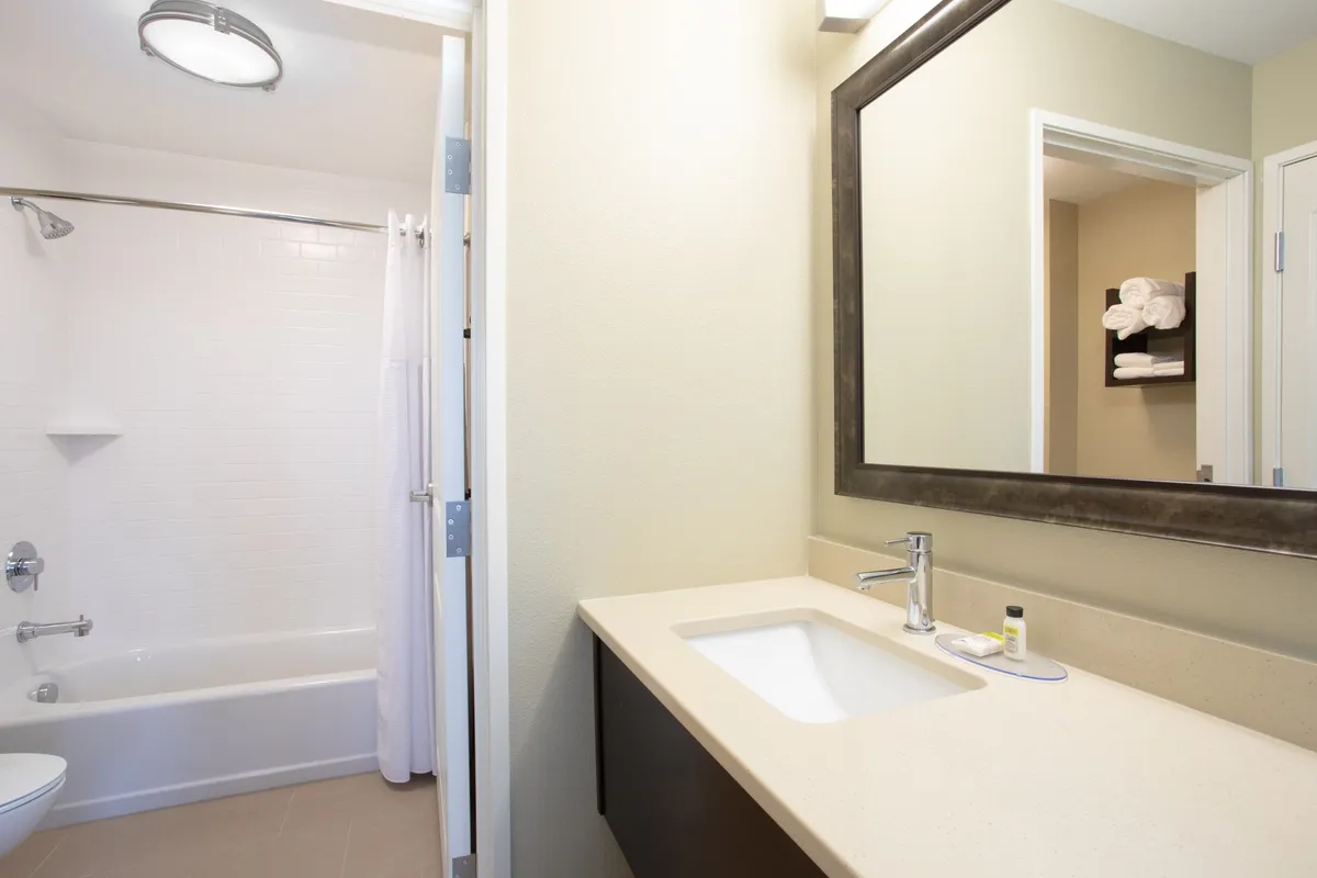 A serene and well-appointed bathroom featuring a modern sink, large mirror, and a spacious shower area, all bathed in soft, relaxing light. The space offers privacy and a tranquil retreat within the suite.